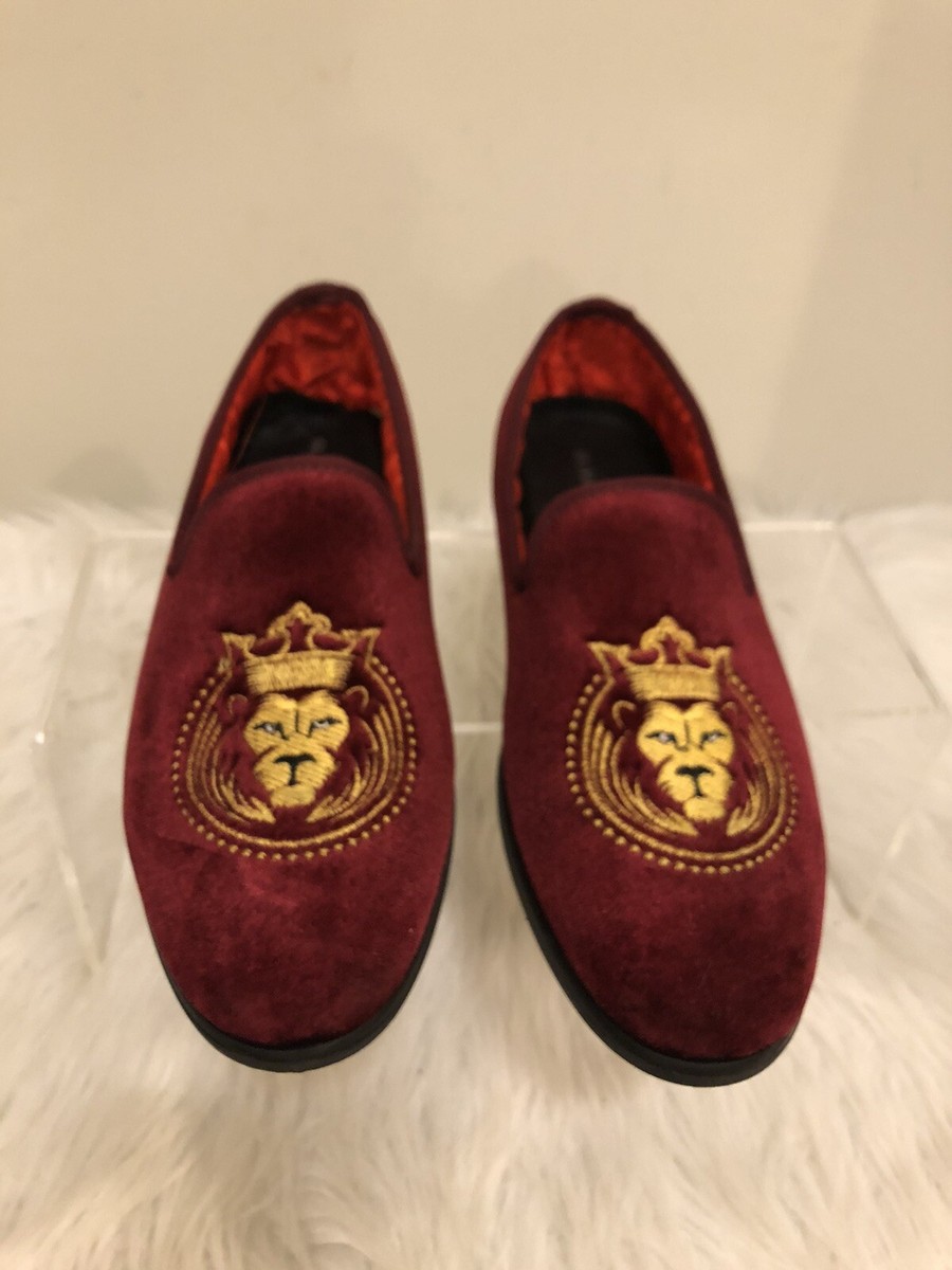 ELANROMAN Men\'s Wine Velvet Loafers Embroidered Lion Crown Formal Party Shoes ELANROMAN Velvet Embroidered Loafers for Men - Party  main image 4