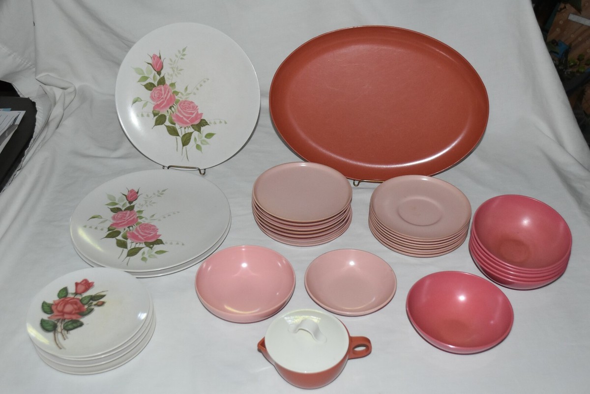 Vintage MELMAC MELMINE 34 pc PINK ROSE Platter Plates Bowls