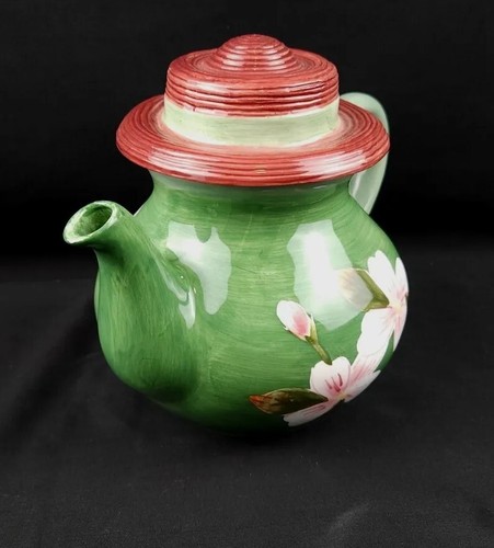 Teapot Handpainted Flowers Pink Bonnet Hat Lid WLC Green Ceramic #F3 - Picture 2 of 7