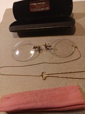 ANTIQUE 19th EYEGLASSES SPECTACLES 14k  GF SHUR ON PINCE NEZ HAIR CHAIN