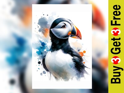 Papageientaucher Aquarell Kunstdruck 5'' x 7'' - lebendiges Seevogel Porträt