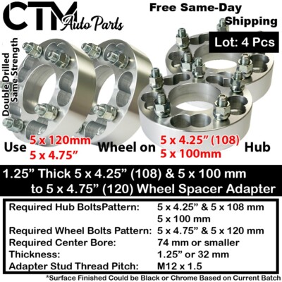 4x 1.25 Thick 5x4.25 to 5x4.75(120) Wheel Spacer Adapter Land RoverJaguar &More