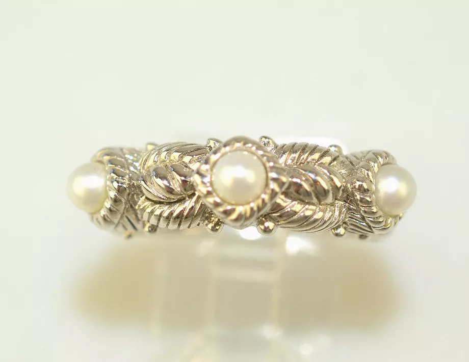 JUDITH RIPKA STERLING SILVER 3 STONE GENUINE PEARL BAND STACKING
