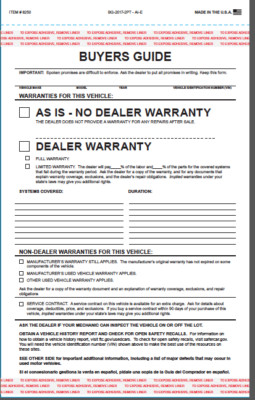 SPANISH 2 PART CAR DEALER BUYER GUIDE PACK OF 100 AS IS FORMS IMPLIED WARRANTY