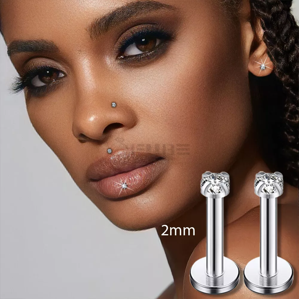 2MM Diamond Stone Nose Ear Tragus Labret Bar Internal Threaded