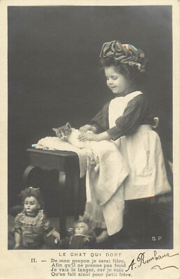 RPPC Postcard Cat and Girl Le Chat Qui Dort II Child Changes Tabby Cat's Diaper