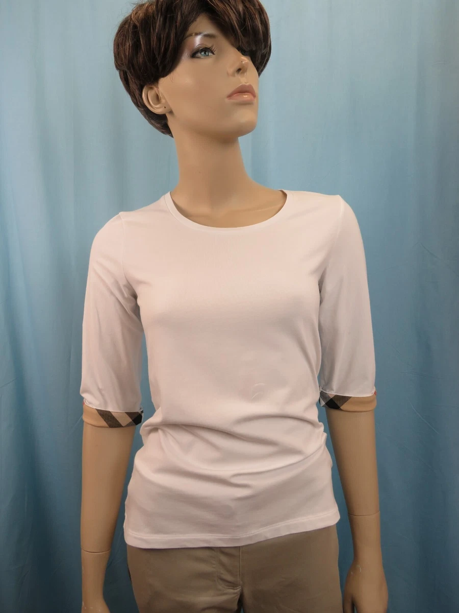 NWT BURBERRY EBRO WHITE COTTON NOVA CHECK CUFF ELBOW HALF SLEEVE T