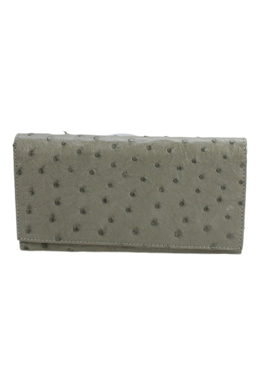 Designer Womens Ostrich Tri-Fold Snap Closure Card Wallet Gray