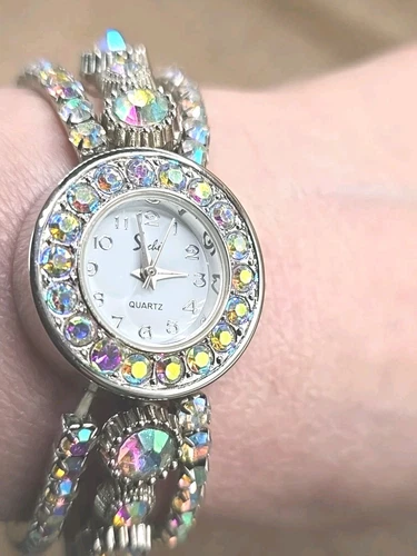 Vintage Clear Ice Aurora Borealis Rhinestone costume Jewelry Watch Bracelet