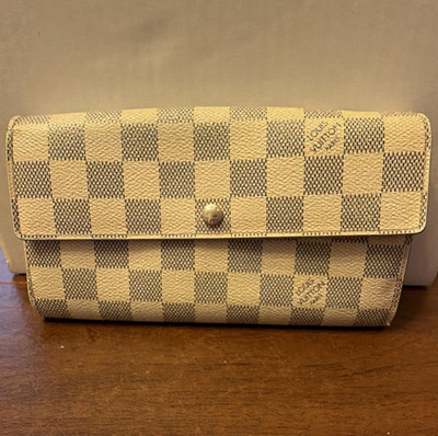 Louis Vuitton Damier Azur Check Long Flap Wallet Beige/Blue Credit Card Women's