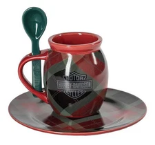 Harley-Davidson Holiday Plaid Bar & Shield Cocoa Mug & Saucer Set, Red/Green