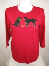 Karen Scott Woman Size 2X Red Crew Neck Cotton 3/4 Sleeve Top w/Applique Dogs