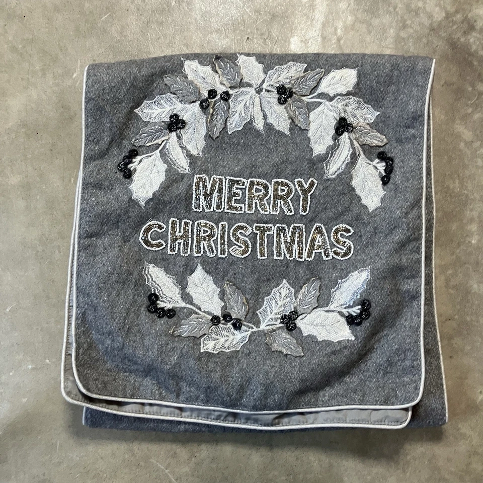Nicole Miller Home Table Runner Merry Christmas Holiday Festive Gray Beaded - Image 3 of 4