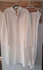Manyavar Mens White Embroidered Kurta 2 Pc Set Cotton India Ethnic Size L NWT