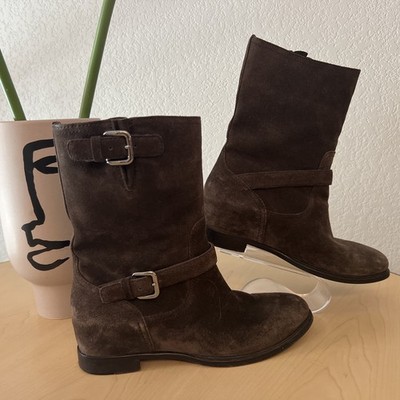 Prada Womens Dark Brown Suede Urban Slouchy With Buckle Boots Size 40.5