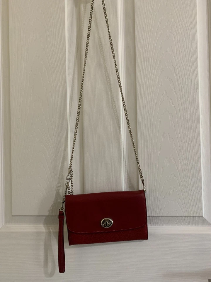 Coach F31620 Cherry Red Leather Chain Crossbody / Wristlet – Silver Hardware - Image 3 of 4