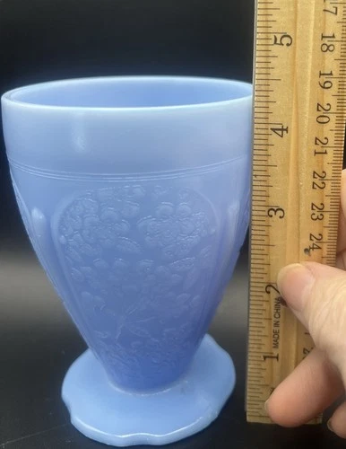 Jeannette Set 3 Delphite Opaque Blue Cherry Blossom Foot Tumbler Depression Era