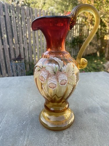 ART GLASS FENTON WOODLAND DESIGN PITCHER HAND PAINTED SIGNED J CUTSHAW 1202/2500