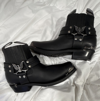 Grinders Men's US 12 Black Leather Pull-On Ankle Harness Biker Boots Studded