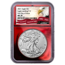 2021 $1 1-oz T2 American Silver Eagle NGC MS70 FDI Red Foil Core Exclusive