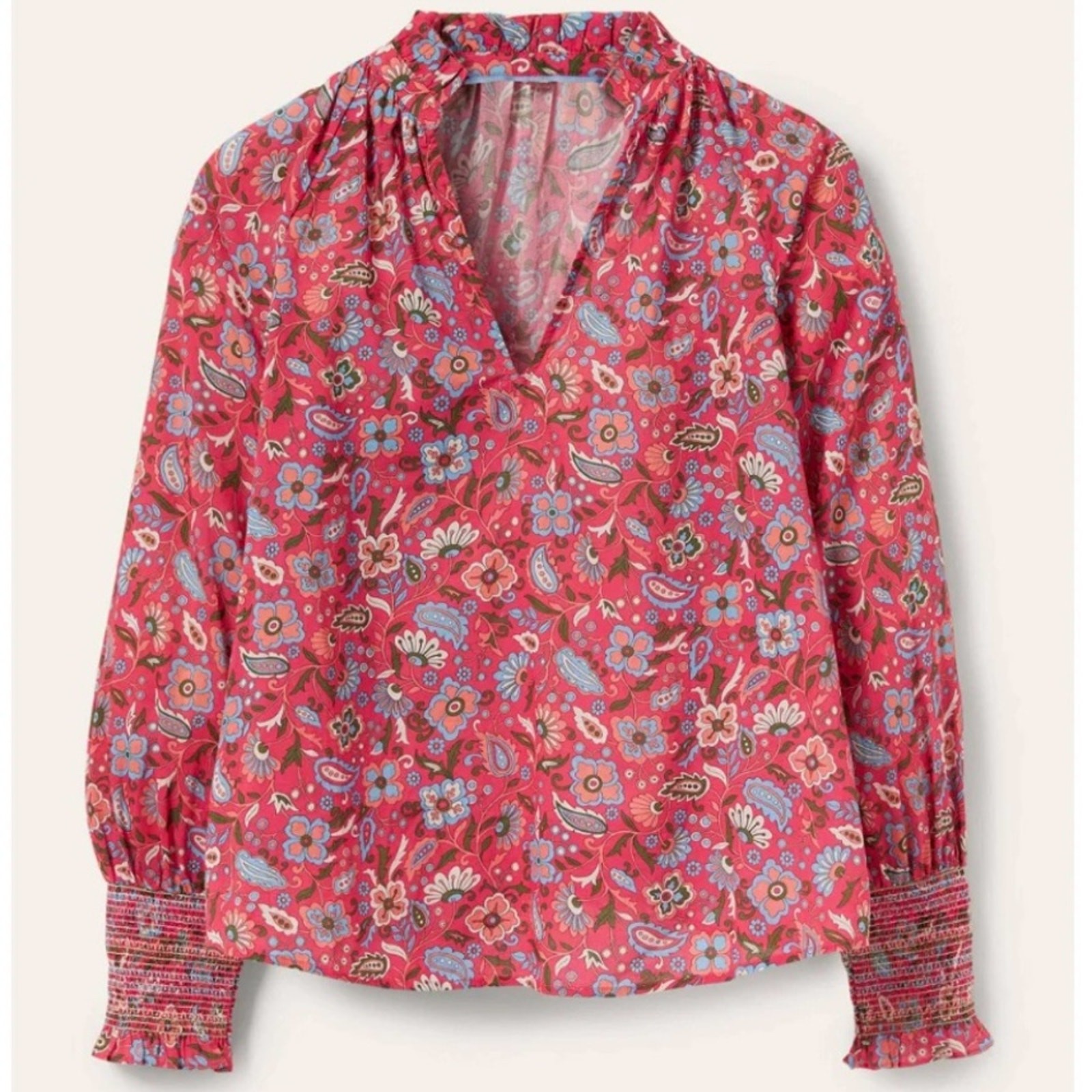 Boden Red Smocked Cuff Printed Split Neck Top Rad… - image 1