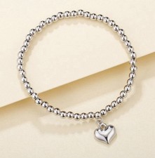 Heart Charm Beaded Bracelet Costume Jewellery Gift Idea silver