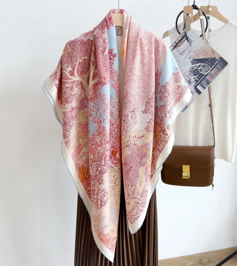 70% Cashmere 30% Silk Wrap Scarf Women Floral Print Double Face Shawl 53" Pink