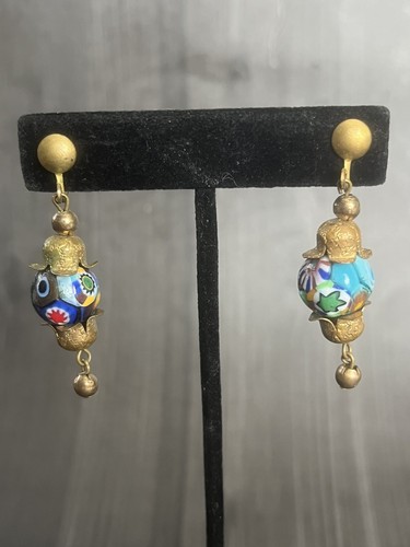 Vintage Art Deco Venetian Murano Millefiori Art Glass Bead Dangle Screw Earrings