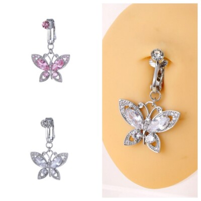 Butterfly Herz Pink Fake Belly Button Bar Barbell Body Clip Nabelring Geschenk
