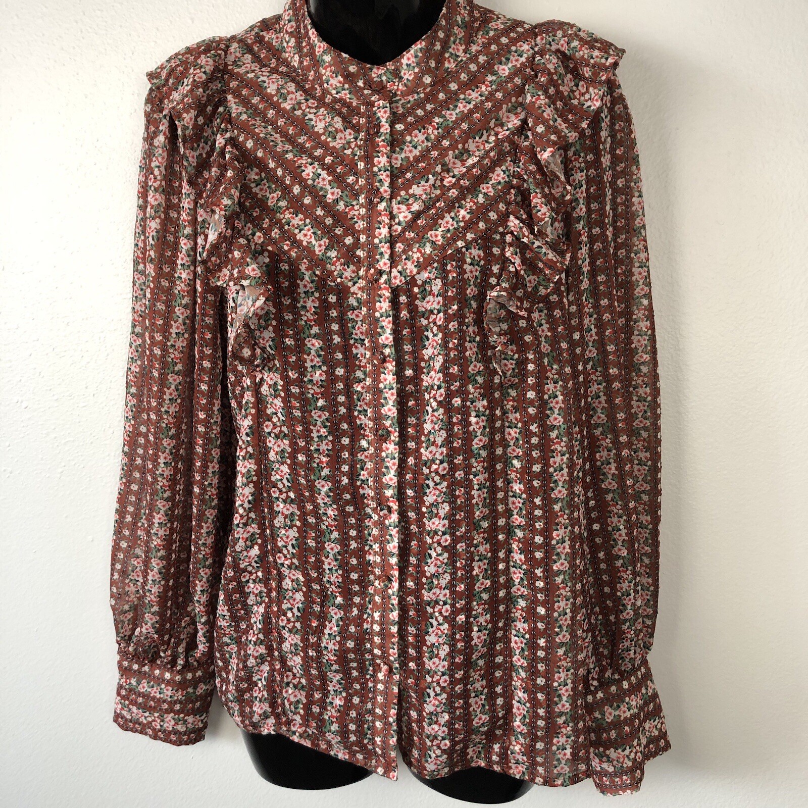 Lulus Floral High Neck Ruffle Long Sleeve Peasant Blouse Size Medium