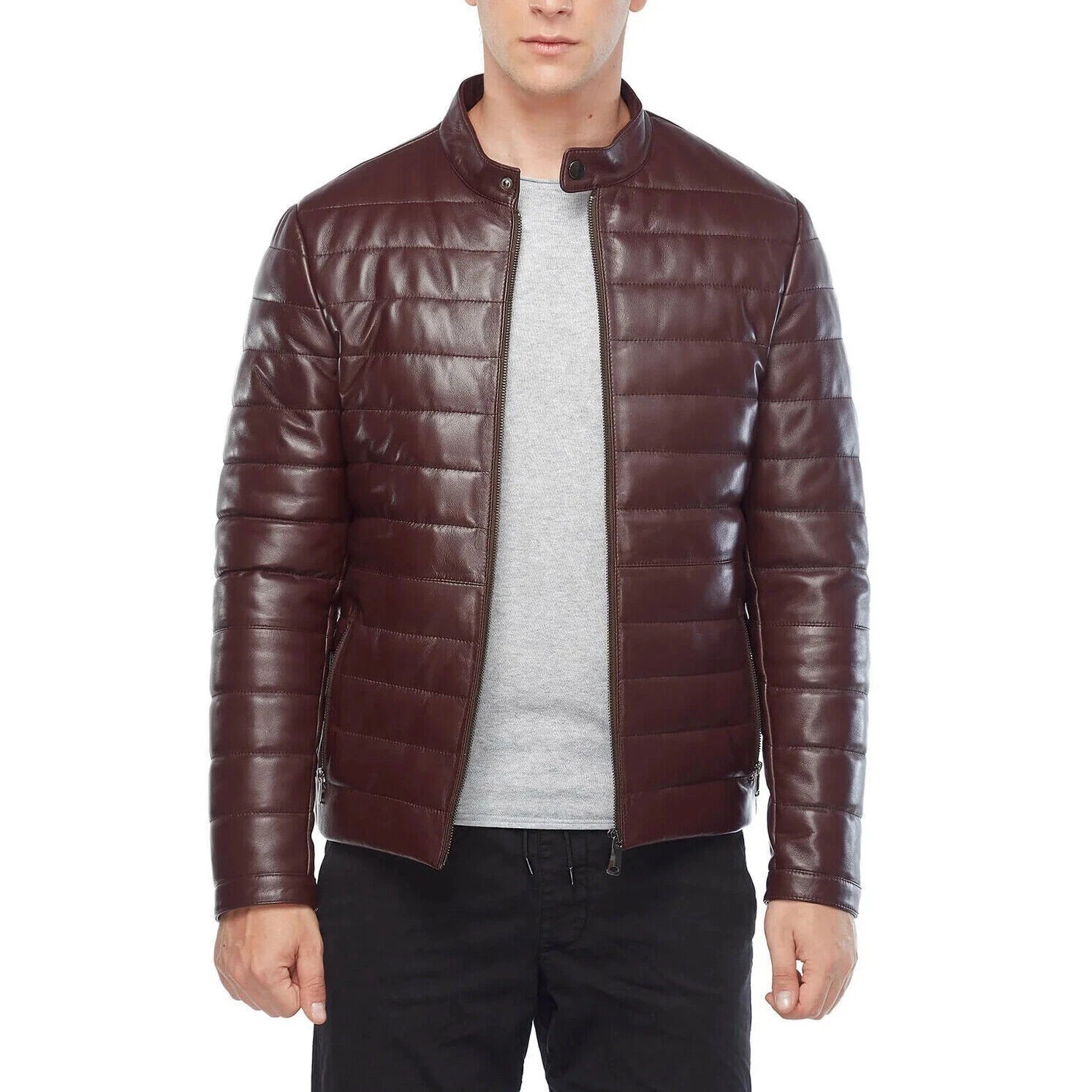 New Men Dark Brown Lambskin Puffer Leather Jacket Quilted Down Jacket MPJ10a