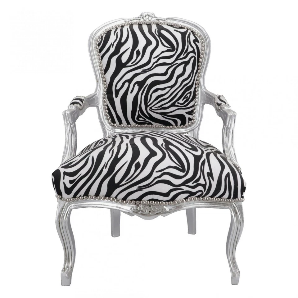 Poltrona Sedia in legno foglia argento con braccioli e tessuto zebrato - Immagine 3 di 4