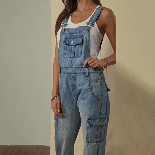 Jeans tuta vintage sciolta jumpsuit denim pantaloni tuta in denim con cinghie DE - Foto 6 di 9