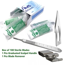 100 Surgical Sterile Blades #11+Scalpel Knife Handle #3 Graduated+Blade Remover