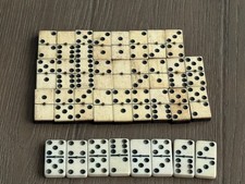 Antique Double Six Dominoes Set of 33 Ebony  Bone w/Brass Pins