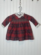 VTG Girls Plaid Dress Red Black Smocked Eyelet Peter Pan Collar and Cuffs READ