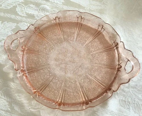 Vintage pink depression glass cake plate "Cherry Blossom" pattern EX COND