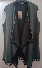  Waistcoat/Gilet Pom Pom Edges Leopard Trim HIPPY/BOHO/FESTIVAL VIBES Khaki