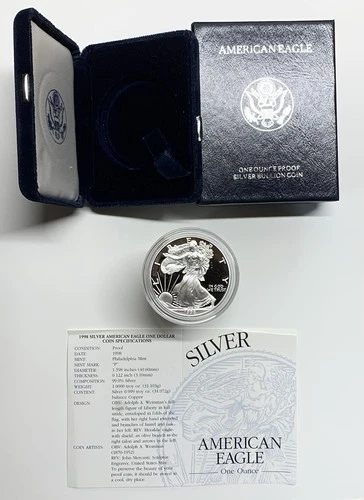 1998-P American Silver Eagle Proof 1 Troy oz .999 Fine Silver Coin in box w/COA