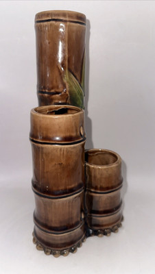 Ceramic Pottery Planter Triple Lucky Bamboo Shoot Vase Brown Green Leaf