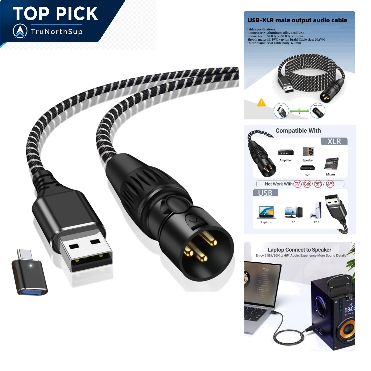 USB to XLR Cable 6.6 ft USB A to XLR Male Stereo Audio Cord for Amplifier Mix...