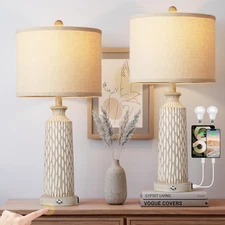 QiMH Table Lamp for Living Room with USB A+C Ports, Farmhouse Bedside Lamps f...