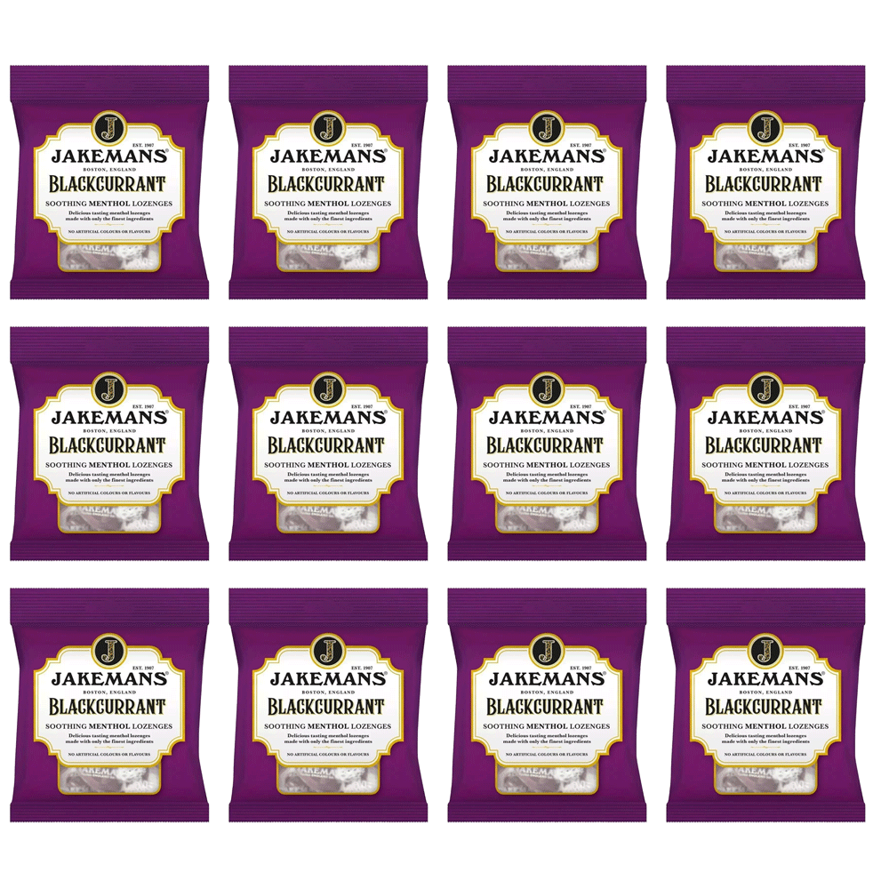 12 x JAKEMANS BLACKCURRANT 73g  SOOTHING MENTHOL LOZENGES -VEGETARIAN
