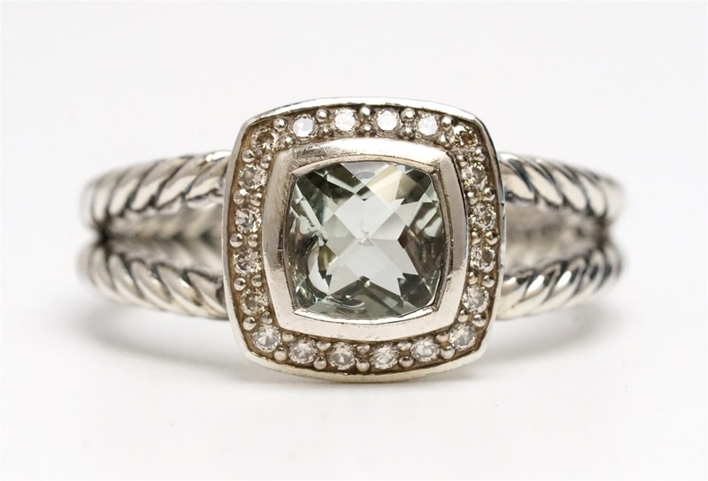 DAVID YURMAN Albion Ring Prasiolite Green Amethyst & Diamond 925 Sterling Silver