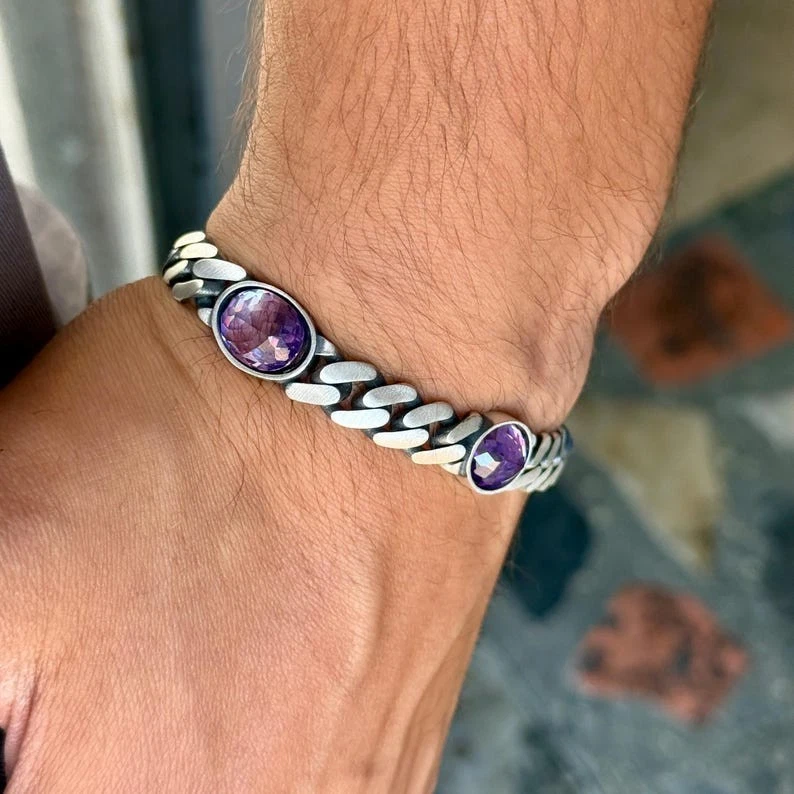 Pulsera de cadena de plata maciza con bordillo de amatista, pulsera de cadena de eslabones cubanos de 10 mm Foto 2 de 4