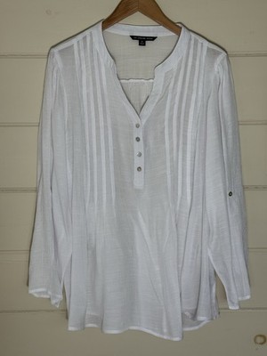 Zac & Rachel White Front Roll-Tab Sleeve Sheer Blouse Women Size 2X Euro Summer