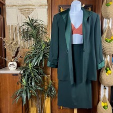 Vintage Christian Dior Skirt Suit Wool Green Blazer Skirt 2 Piece 80s 90s USA