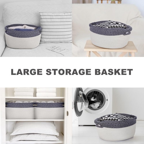Woven Storage Basket 3 Pack Medium Woven Basket Cotton Rope Blanket Basket Close - Picture 5 of 6