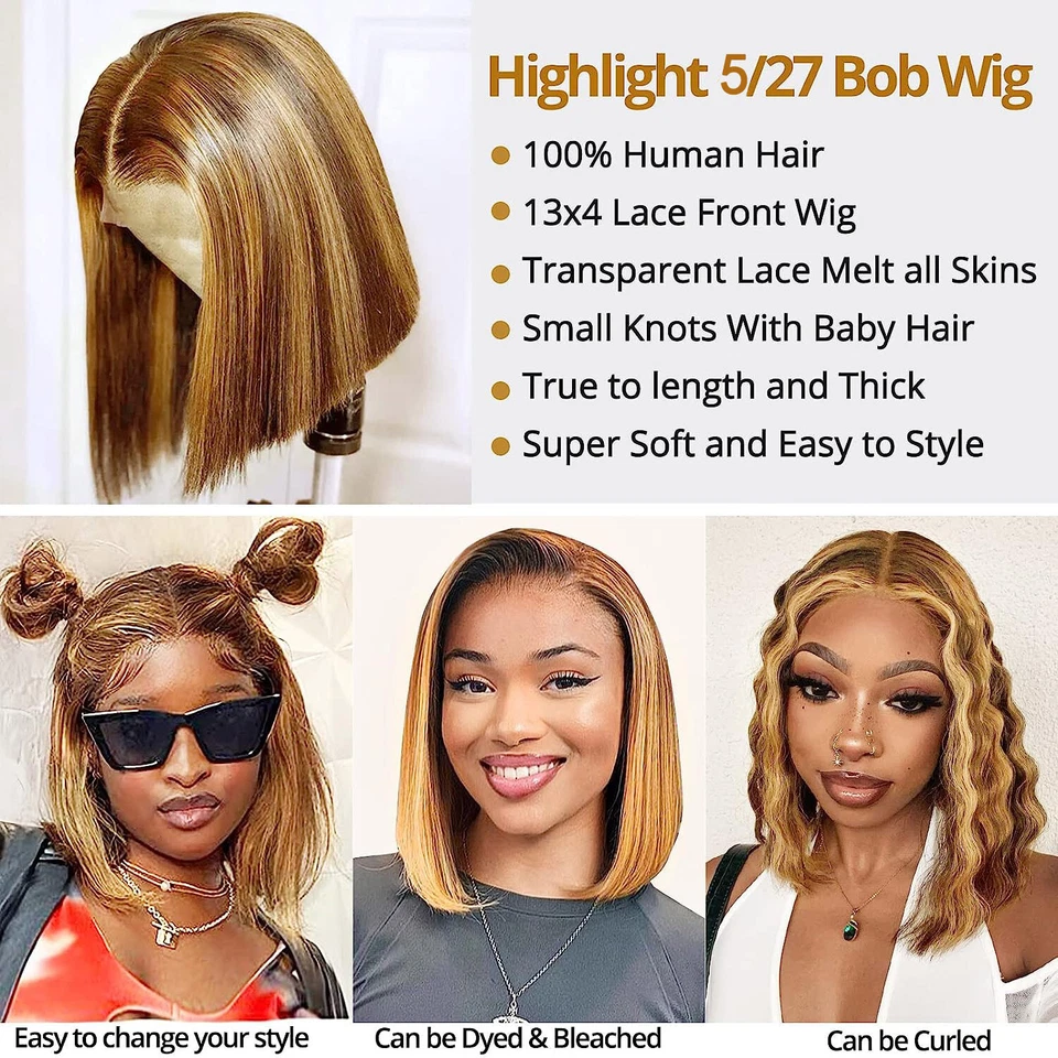 Peluca Highlight Bob Cabello Humano 13x4 Bob Encaje Frontal Pelucas 5/27 Peluca Bob Rubia Miel Foto 3 de 4