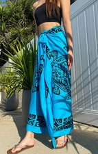 Hawaiian Honu Pareo Turquoise Blue & Black Tribal Turtle Wrap Skirt Dress Sarong